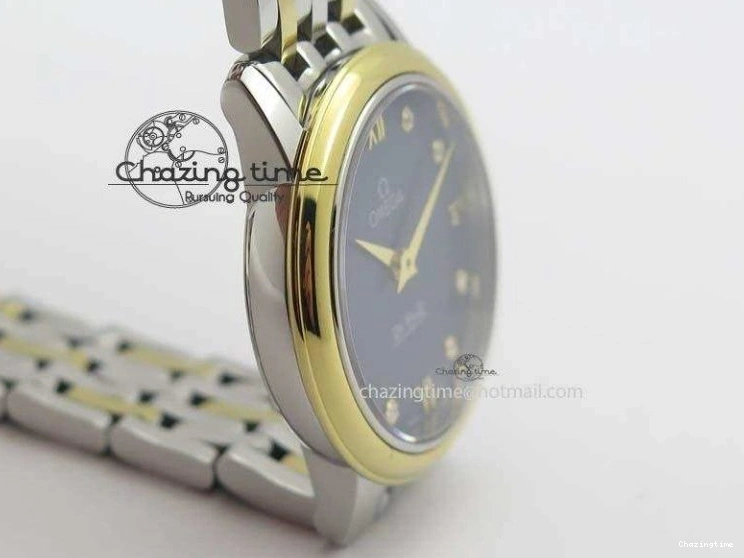 0124 HighQuality De Ville 27mm SS YG Ladies MK 1:1 Best Edition Blue Dial Diamond Markers On SS Bracelet Ronda Quartz 8186